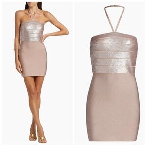 New Hervé Léger Emili Sequin Halterneck Sleeveless Bare Mini Dress Large NWT